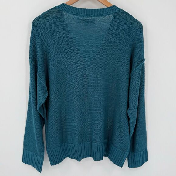 Loft Textured Stitch Henley Sweater Long Sleeve V-Neck Teal Women Large NWT - Picture 2 of 7